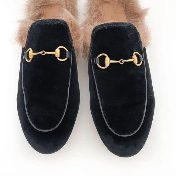 Gucci Princetown Fur Slipper EU 40 US 10 Black Velvet Horsebit Mule Loafer Flat - Picture 3 of 11
